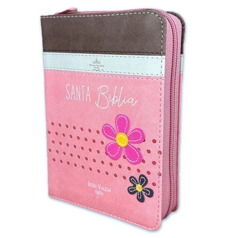 Biblia Reina Valera 60 bolsillo primor café beige rosa flores imitación piel con cierre 8.5P