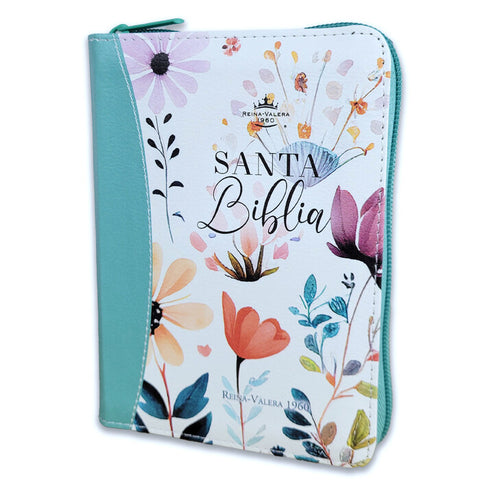 Biblia Reina Valera 1960 Jardin turquesa canto pintado Imitación Piel Ziper con índice 8.5P