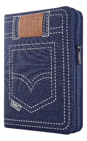 Biblia Reina Valera 60 mediana jeans azul con QR y cierre