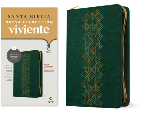 Biblia NTV ultra fina sentipiel con filament verde y cierre 8.75P