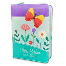 Biblia Reina Valera 60 primor lila/azul/turquesa mariposa imitación piel con cierre BL 8.5P