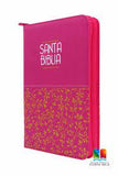 Biblia Reina Valera 60 mediana fucsia hojitas canto fucsia, letra grande, con cierre, QR PJR