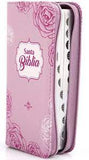 Biblia Reina Valera 60 tamaño agenda rosada flores QR con cierre e índice PJR