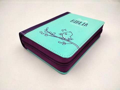 Biblia Reina Valera 60 Fantasía lila turquesa piel cierre 8.5P