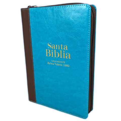 Biblia Reina Valera 60 bitono turquesa café letra gigante imitación piel con cierre PJR