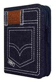 Biblia Reina Valera 60 bolsillo jean azul canto azul con cierre e índice PJR