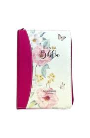 Biblia Reina Valera 60 Gracia letra gigante flores rosas imitación piel con cierre 14P PJR
