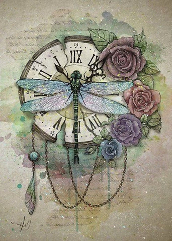 Reloj rosas y libelula vintage